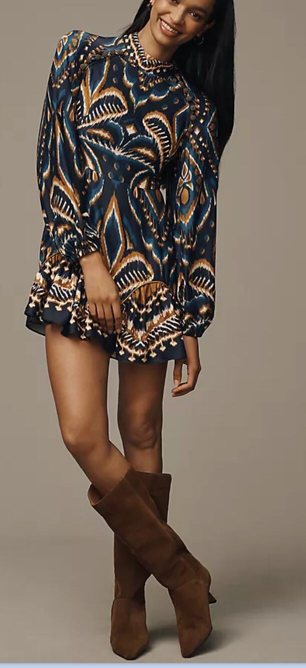 Farm Rio Pineapple Ikat Long-Sleeve Raglan Mini Dress Blue XS